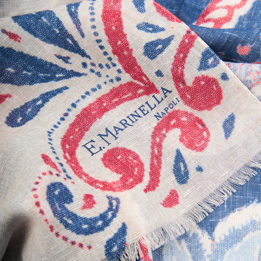 BLUE AND BEIGE COTTON AND LINEN SCARF