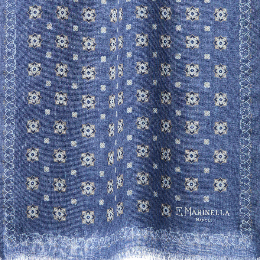 BLUE DOUBLE PATTERNED WOOL AND SILK SCARF
