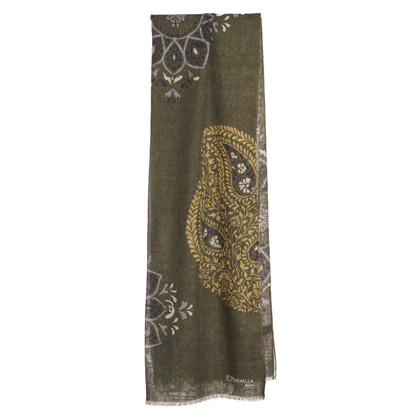OLIVE GREEN WOOL, SILK AND CASHMERE STOLE