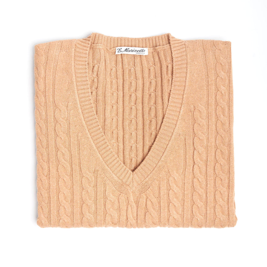 PULLOVER SMANICATO CON TRECCE BEIGE IN LANA