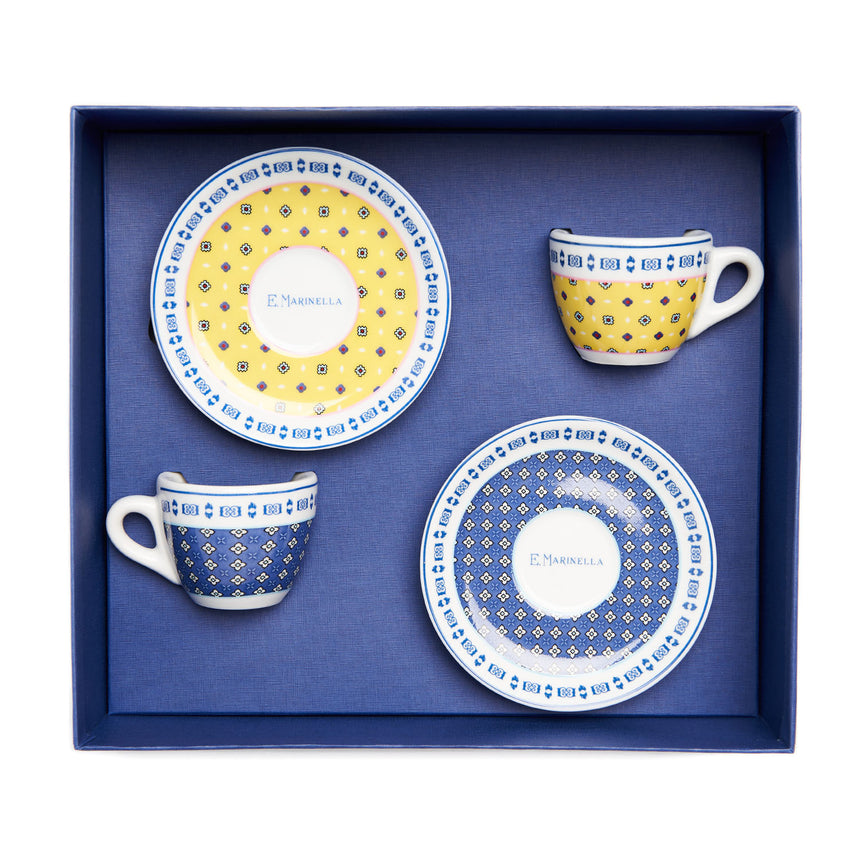 SET DI DUE TAZZINE DA CAFFÈ AZZURRO POLVERE E GIALLO