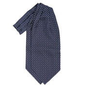 dark_blue_silk_ascot_tie_small_flower_pattern_centered_in_the_image