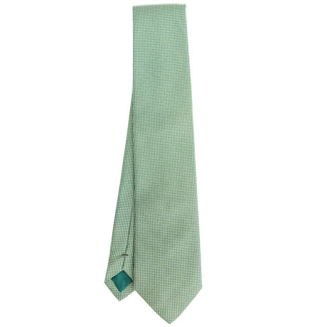 dark_green_ceremonial_jacquard_silk_tie_small_geometric_pattern_full_front_view