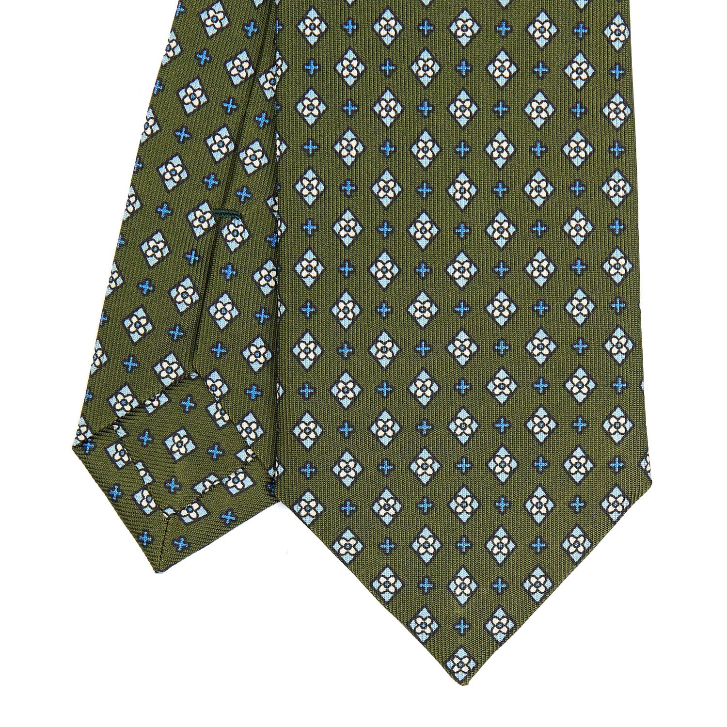 TIE YOUR TIE オリーブグリーン 小紋柄 セッテピエゲ Olive Green Sartorial 7 Cm Silk Tie - Small Flower Pattern – E