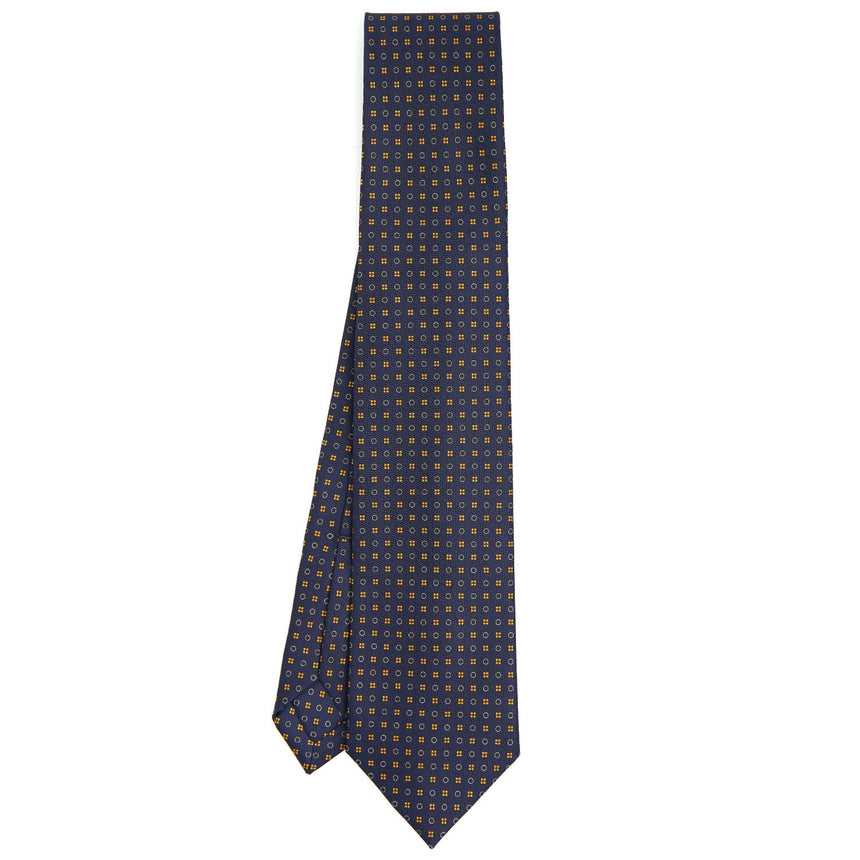 dark_blue_7_fold_sartorial_silk_tie_small_flower_pattern_full_front_view