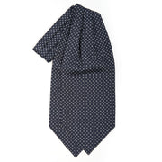 dark_blue_silk_ascot_tie_small_flower_designs_centered_in_the_image