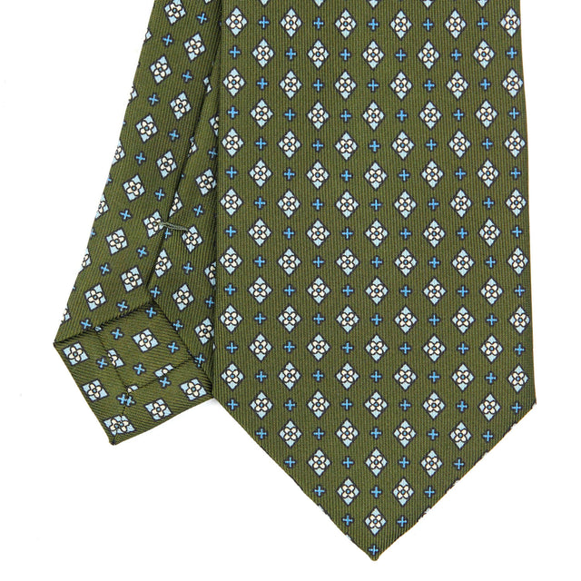 Olive Green Extra Long Sartorial Silk Tie - Small Flower Pattern