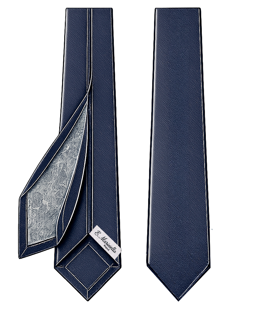 Technical illustration of two E. Marinella ties showing printed silk, single thread, classic label and three folds