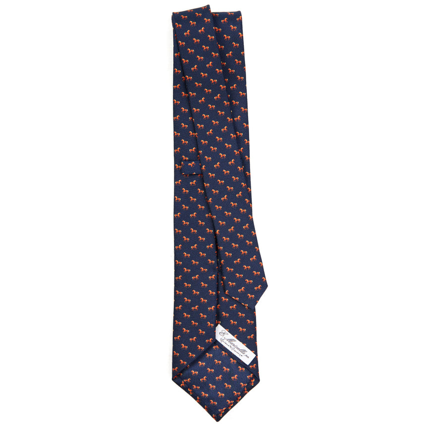 CRAVATTA IN SETA STAMPATA BLU SCURO "CAVALLUCCIO ROSSO" 