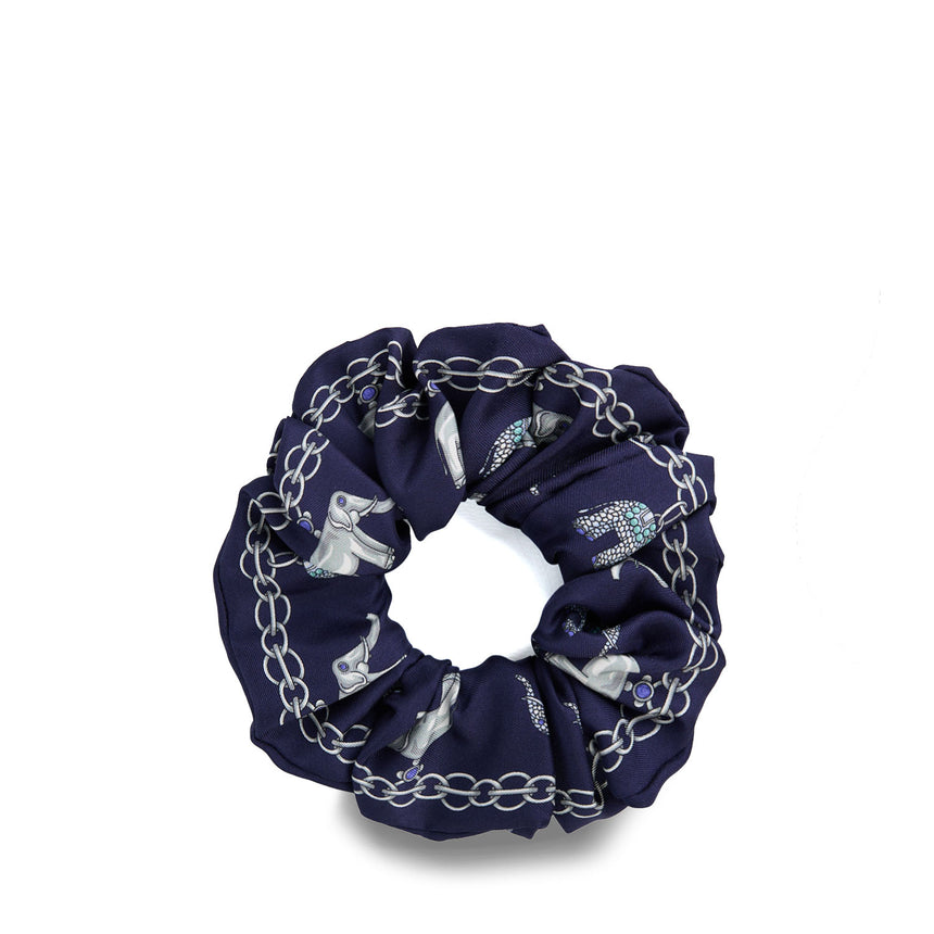 DARK BLUE PRINTED SILK SCRUNCHIE