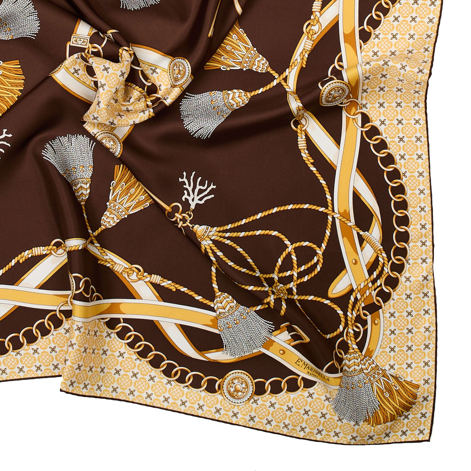 Dark Brown Silk Scarf 90 - Micropattern, Tassels, And Keys – E