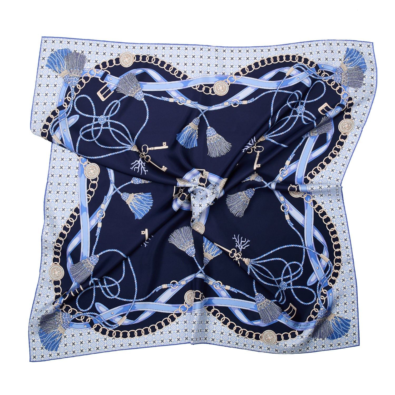 Blue Silk Scarf 90 - Micropattern, Tassels, And Keys – E.Marinella