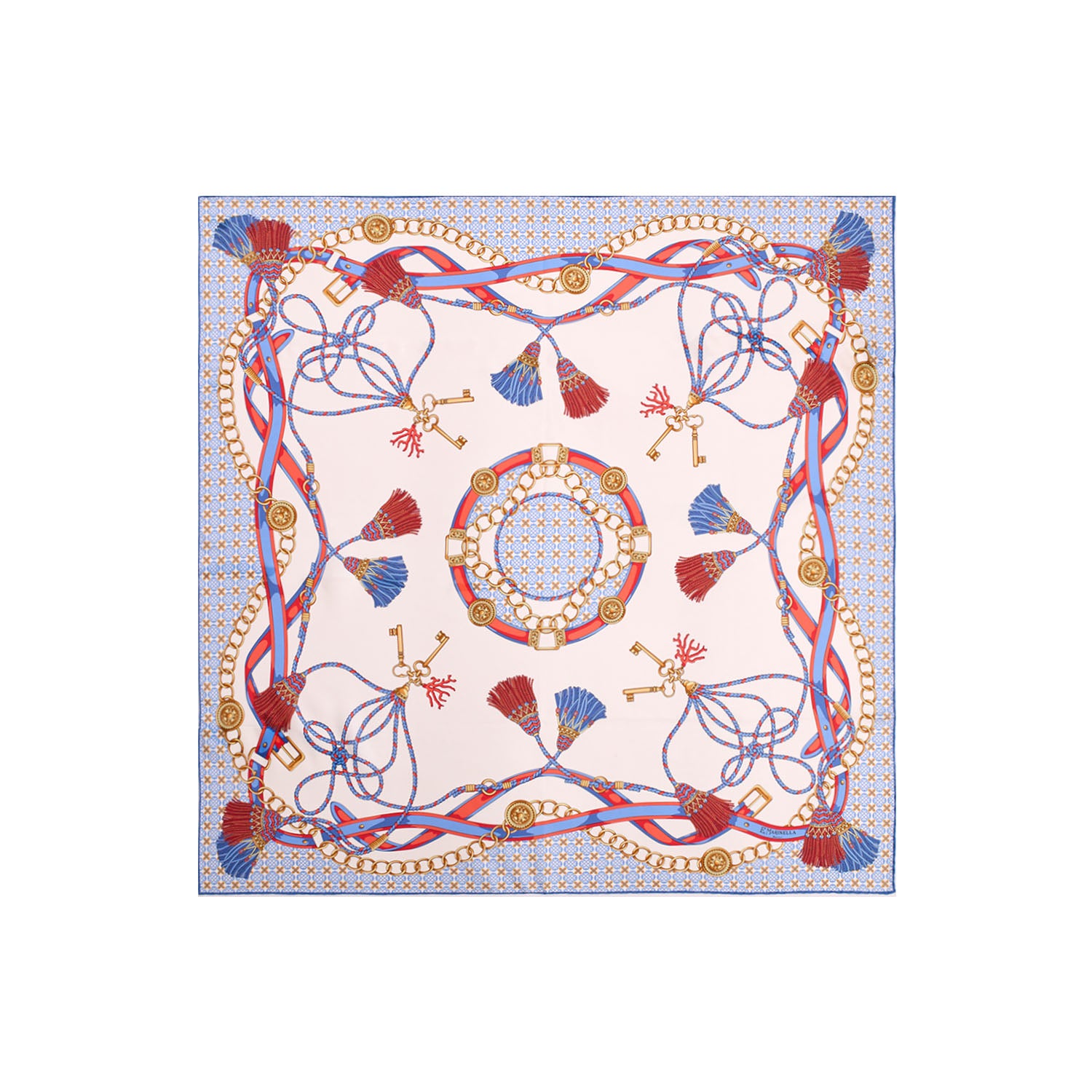 Blue Silk Scarf 90 - Micropattern, Tassels, And Keys – E.Marinella