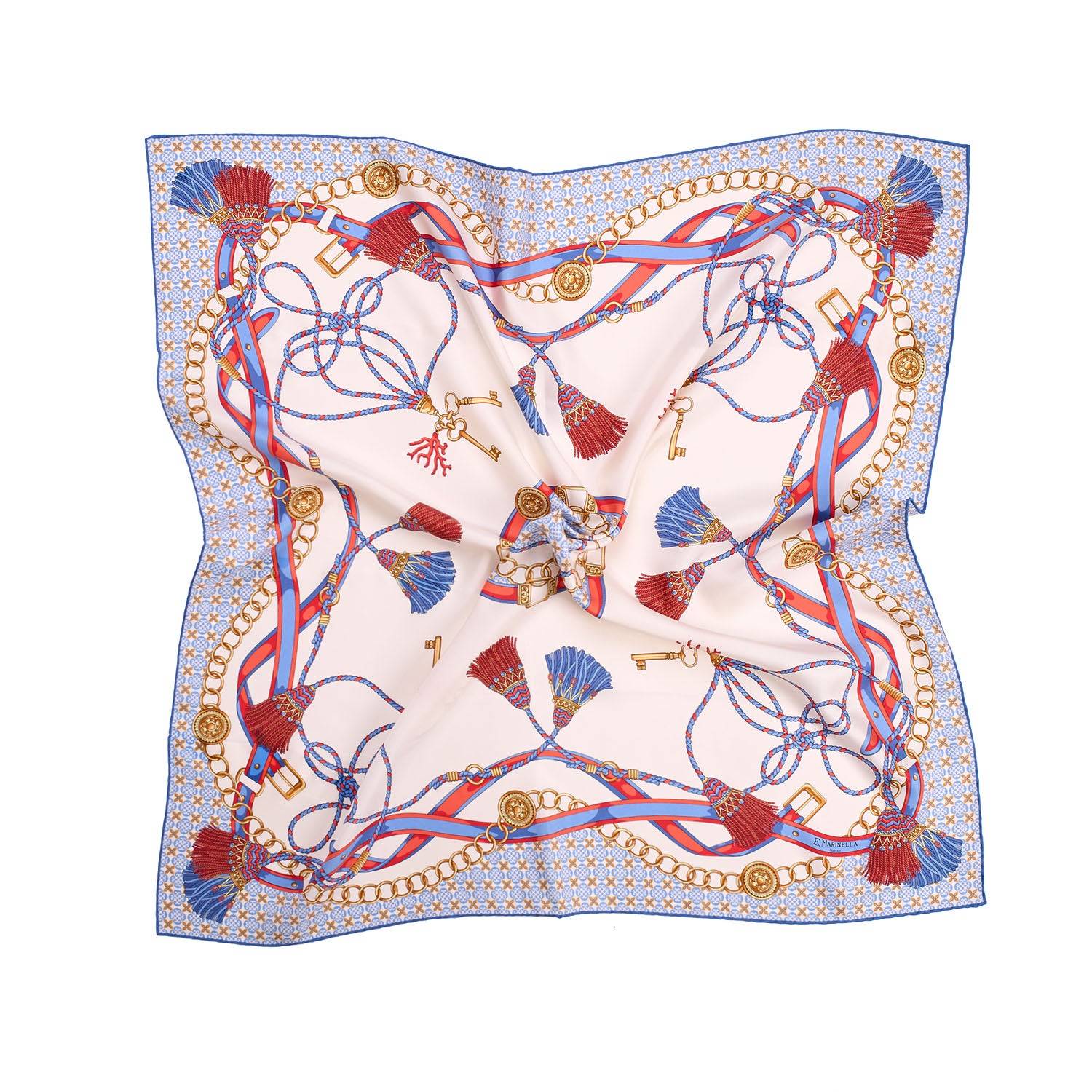 Blue Silk Scarf 90 - Micropattern, Tassels, And Keys – E.Marinella