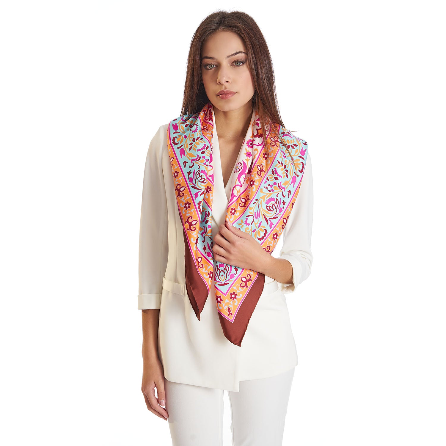 E. Marinella シルクスカーフ 90cm Brown Silk Scarf 90 - Damask Pattern – E.Marinella