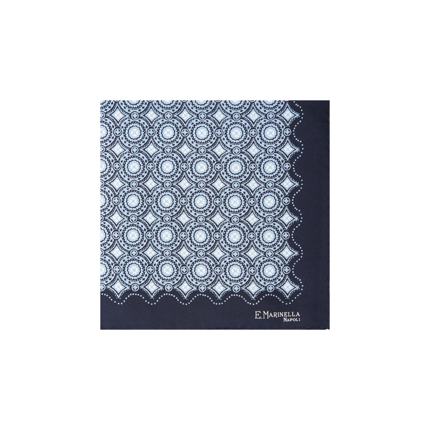 DARK BLUE HAND-PRINTED SILK POCKET SQUARE