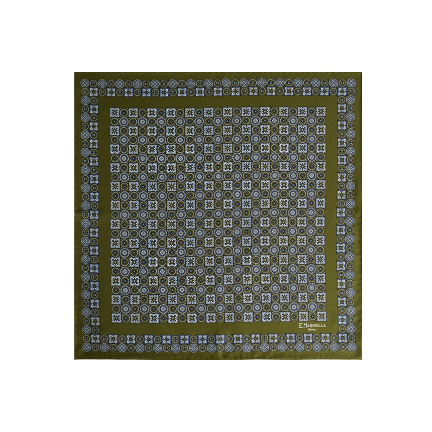 OLIVE GREEN PRINTED SILK POCKET SQUARE