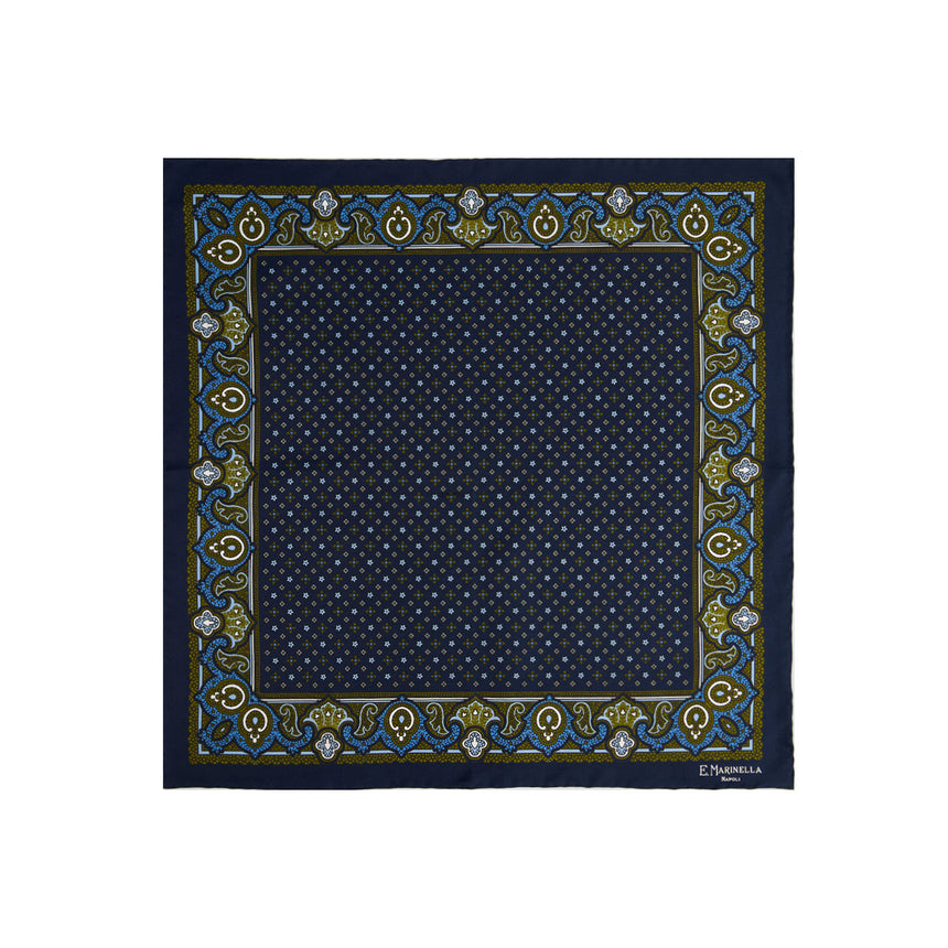 DARK BLUE PRINTED SILK POCKET SQUARE