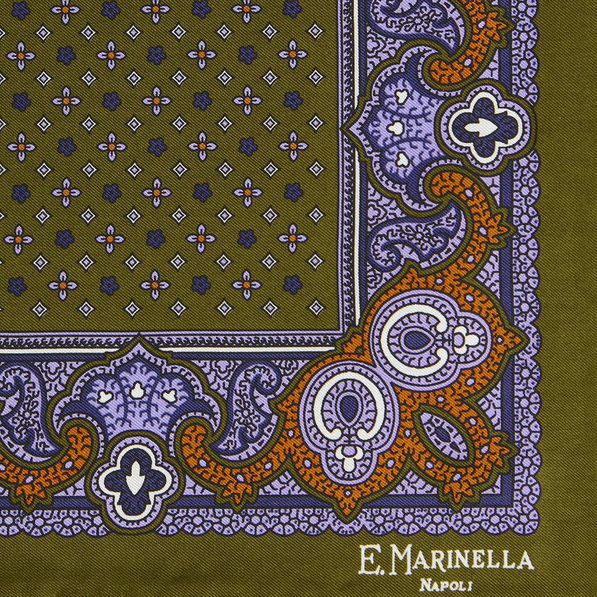 OLIVE GREEN PRINTED SILK POCKET SQUARE