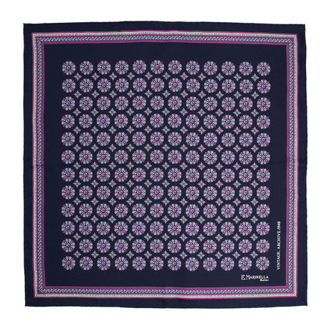 DARK BLUE HAND-PRINTED SILK POCKET SQUARE
