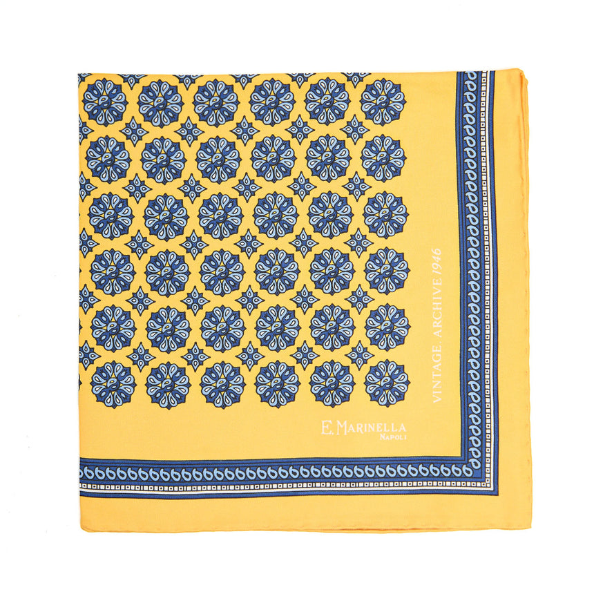 YELLOW HAND-PRINTED SILK POCKET SQUARE
