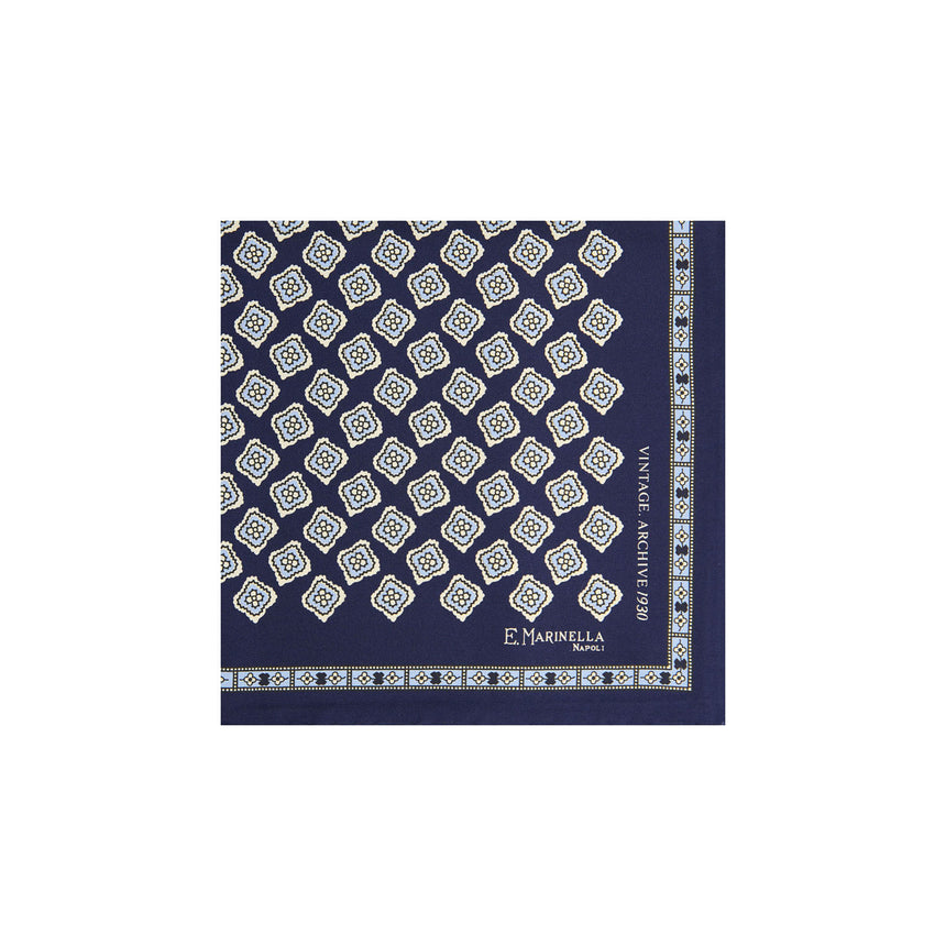 DARK BLUE HAND-PRINTED SILK POCKET SQUARE