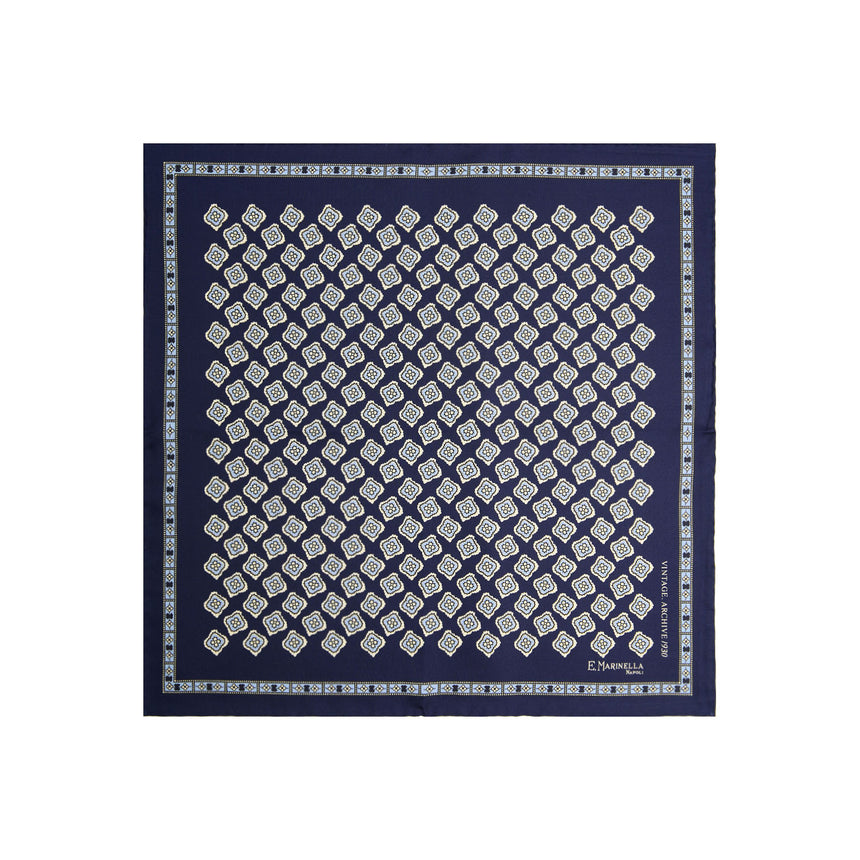 DARK BLUE HAND-PRINTED SILK POCKET SQUARE