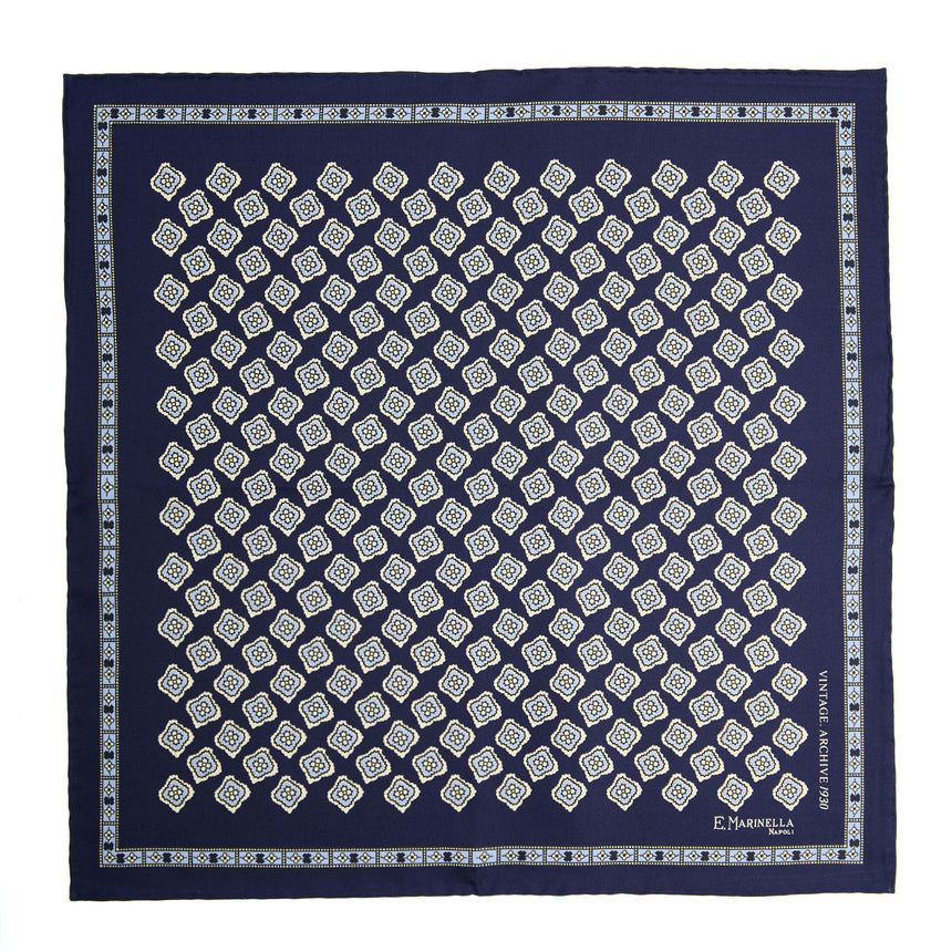 DARK BLUE HAND-PRINTED SILK POCKET SQUARE