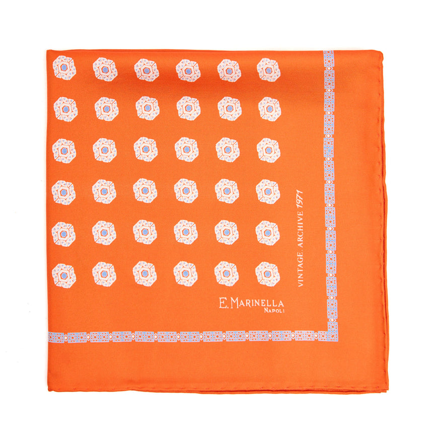 ORANGE HAND-PRINTED SILK POCKET SQUARE