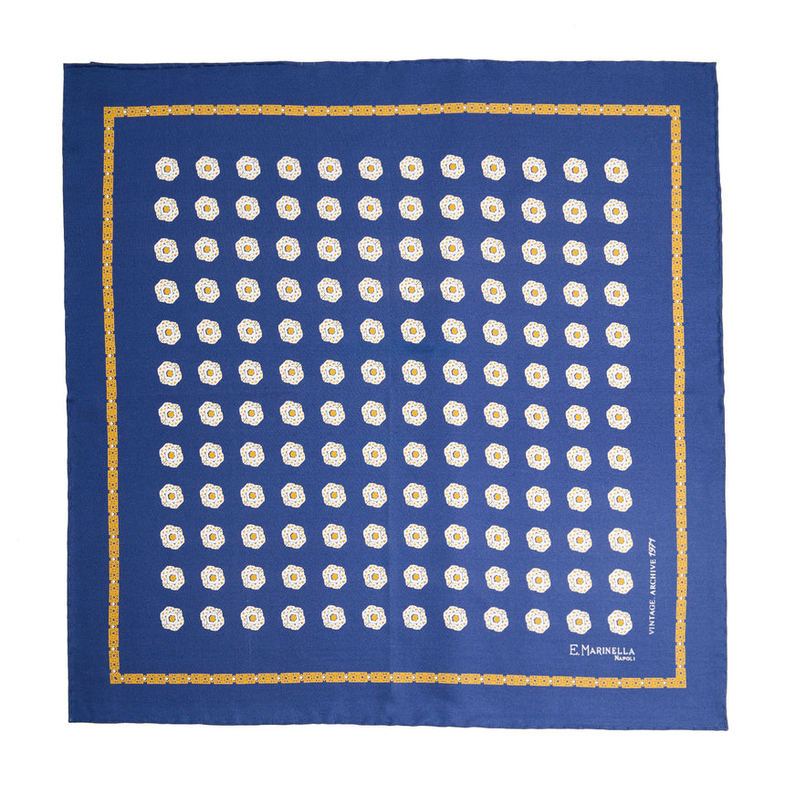 BLUE HAND-PRINTED SILK POCKET SQUARE