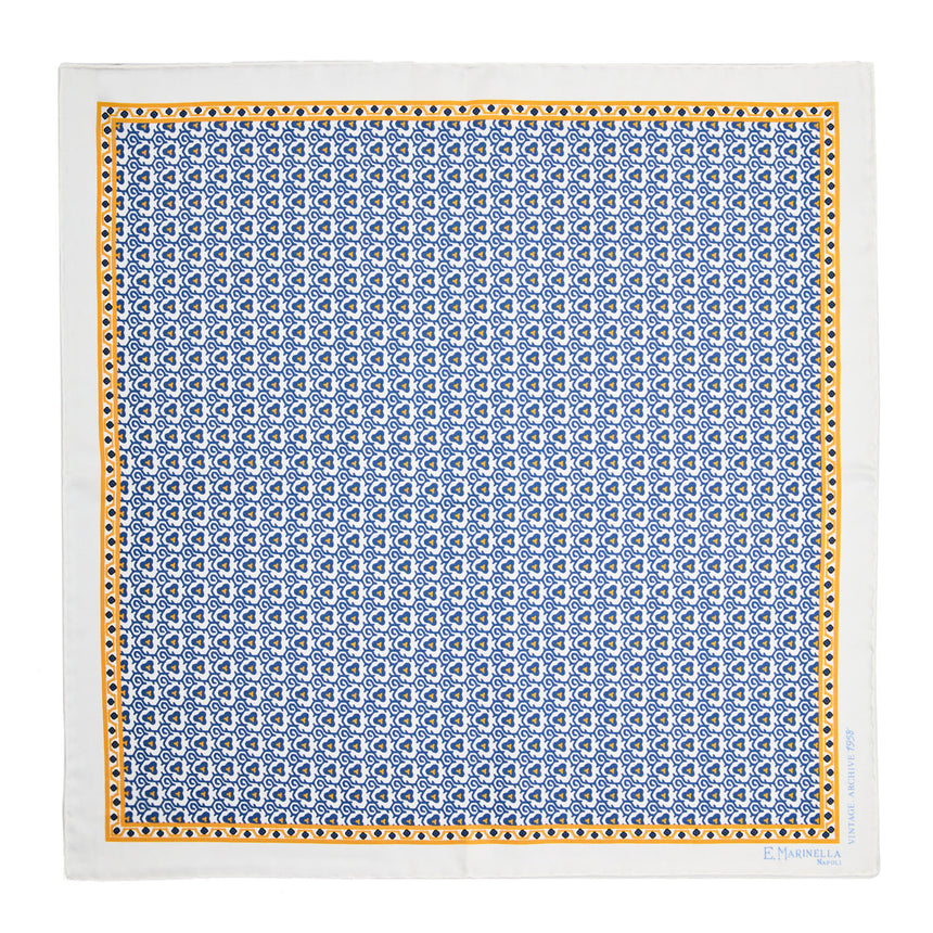 WHITE HAND-PRINTED SILK POCKET SQUARE