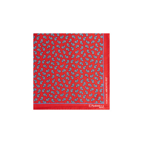 RED HAND-PRINTED SILK POCKET SQUARE