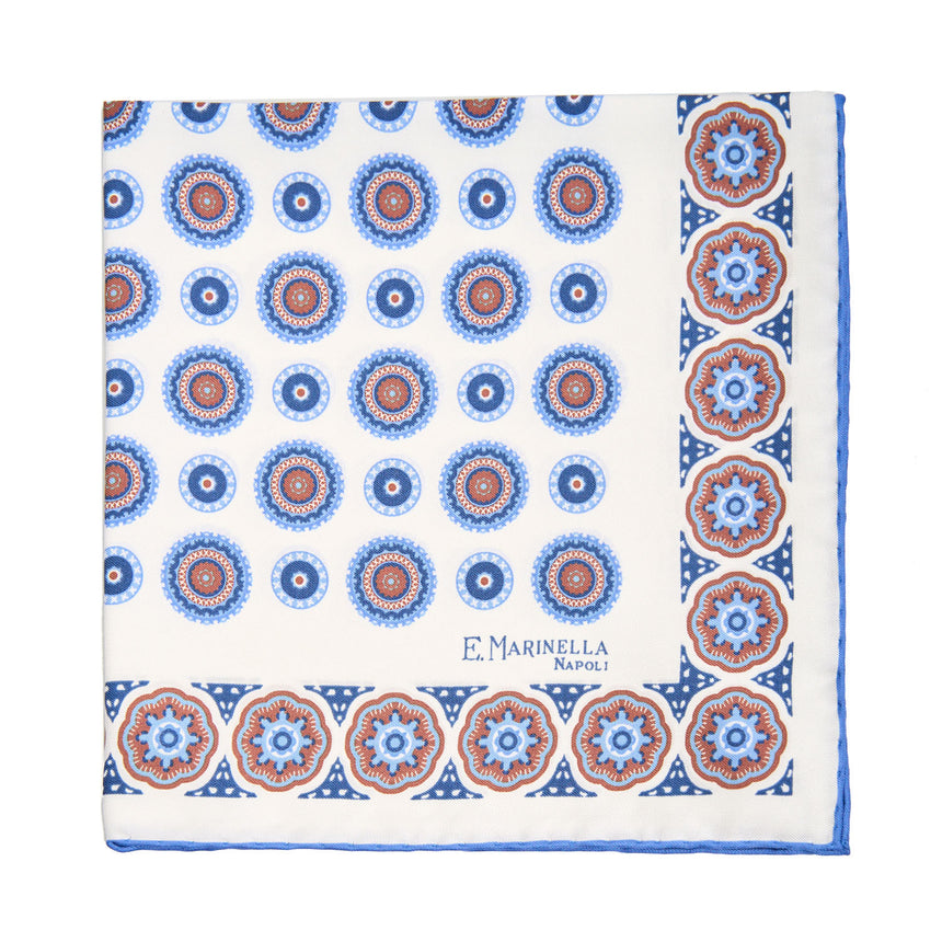 WHITE HAND-PRINTED SILK POCKET SQUARE