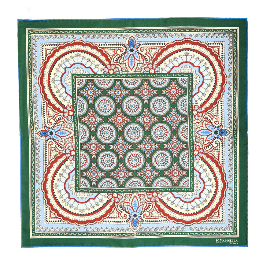 DARK GREEN HAND-PRINTED SILK POCKET SQUARE