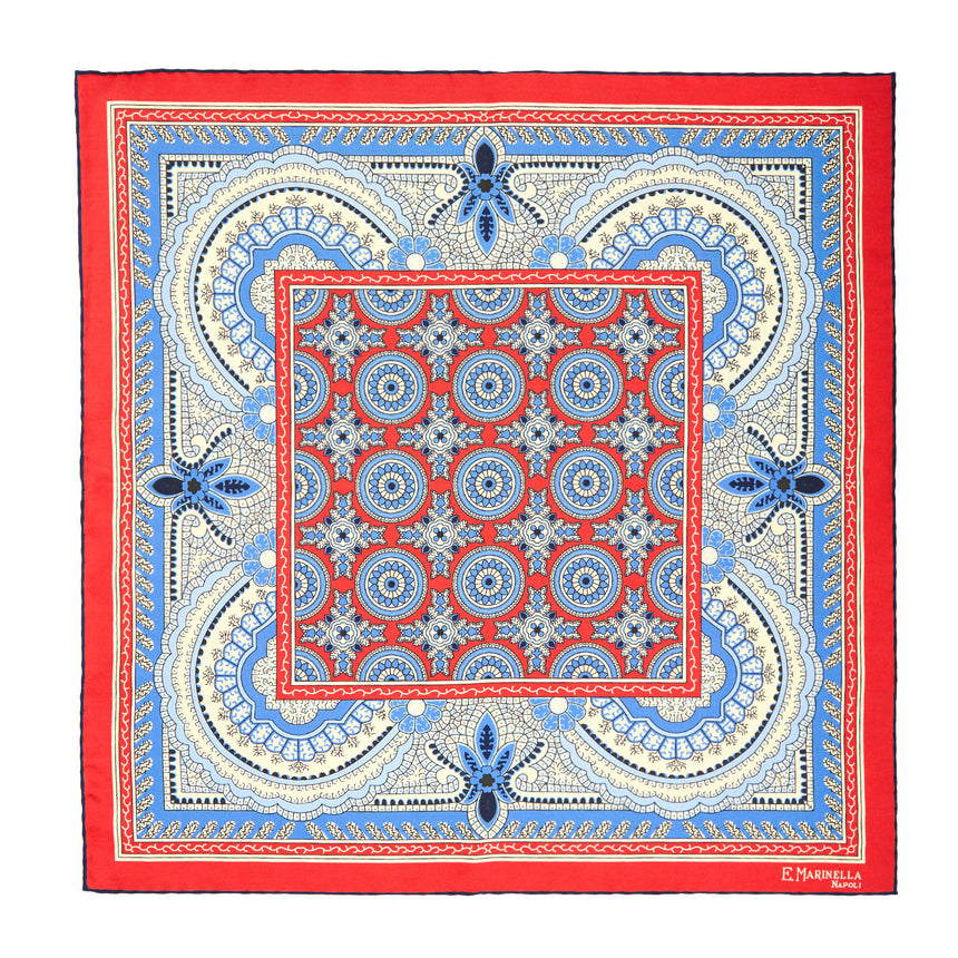 RED HAND-PRINTED SILK POCKET SQUARE