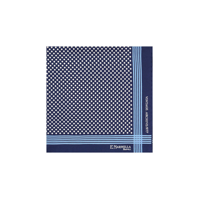 dark_blue_hand_printed_silk_pocket_square_polka_dot_pattern_centered_and_folded