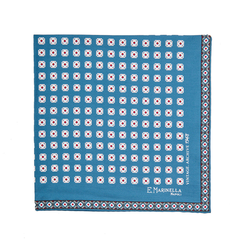 MID BLUE HAND-PRINTED SILK POCKET SQUARE
