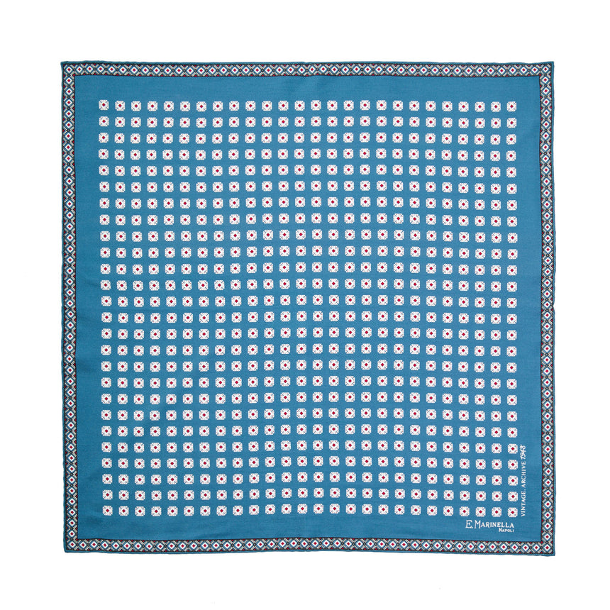 MID BLUE HAND-PRINTED SILK POCKET SQUARE