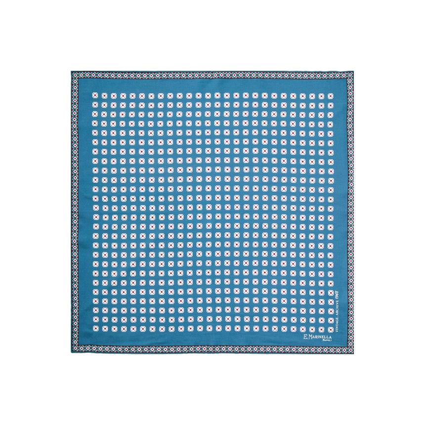 MID BLUE HAND-PRINTED SILK POCKET SQUARE