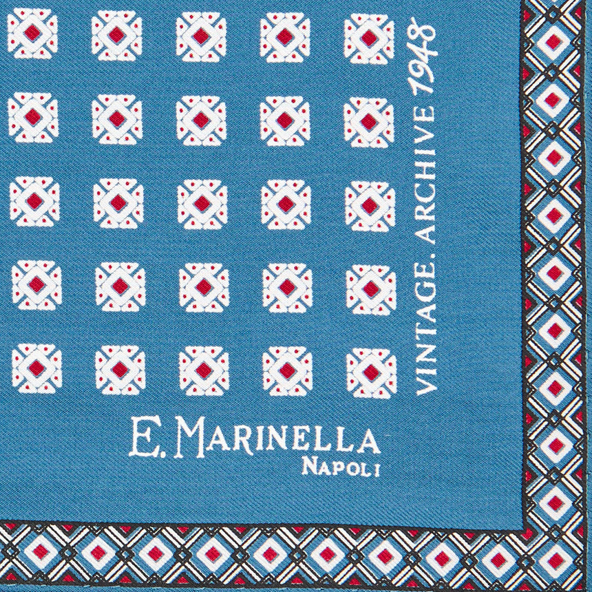 MID BLUE HAND-PRINTED SILK POCKET SQUARE