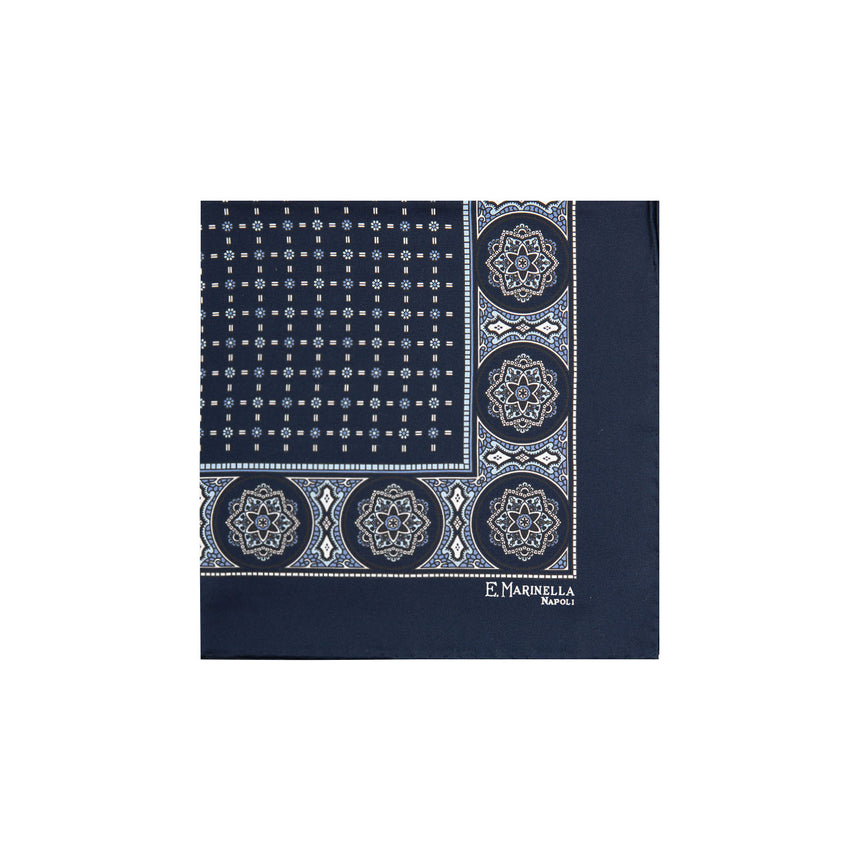 DARK BLUE HAND-PRINTED SILK POCKET SQUARE