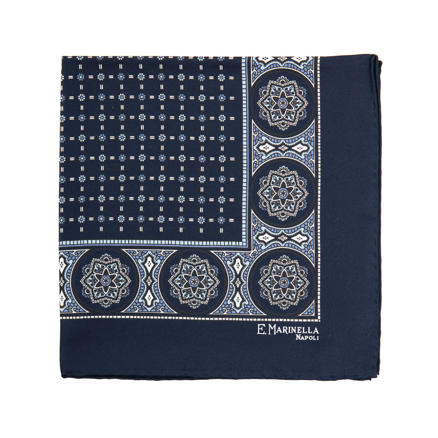 DARK BLUE HAND-PRINTED SILK POCKET SQUARE