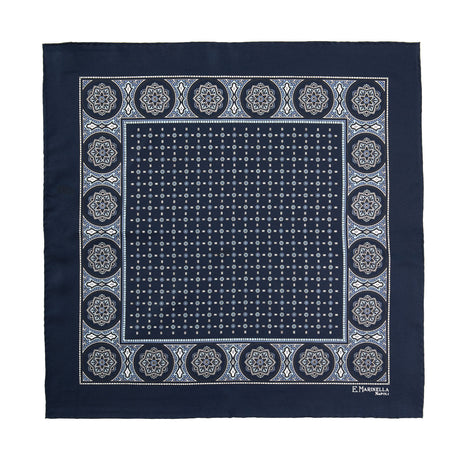 DARK BLUE HAND-PRINTED SILK POCKET SQUARE