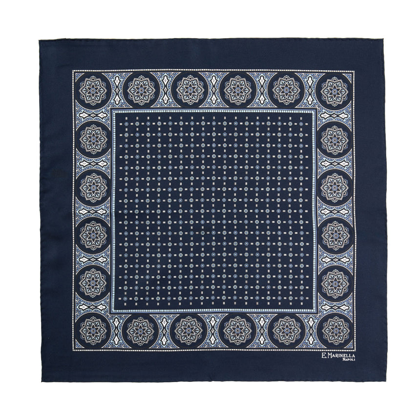 DARK BLUE HAND-PRINTED SILK POCKET SQUARE