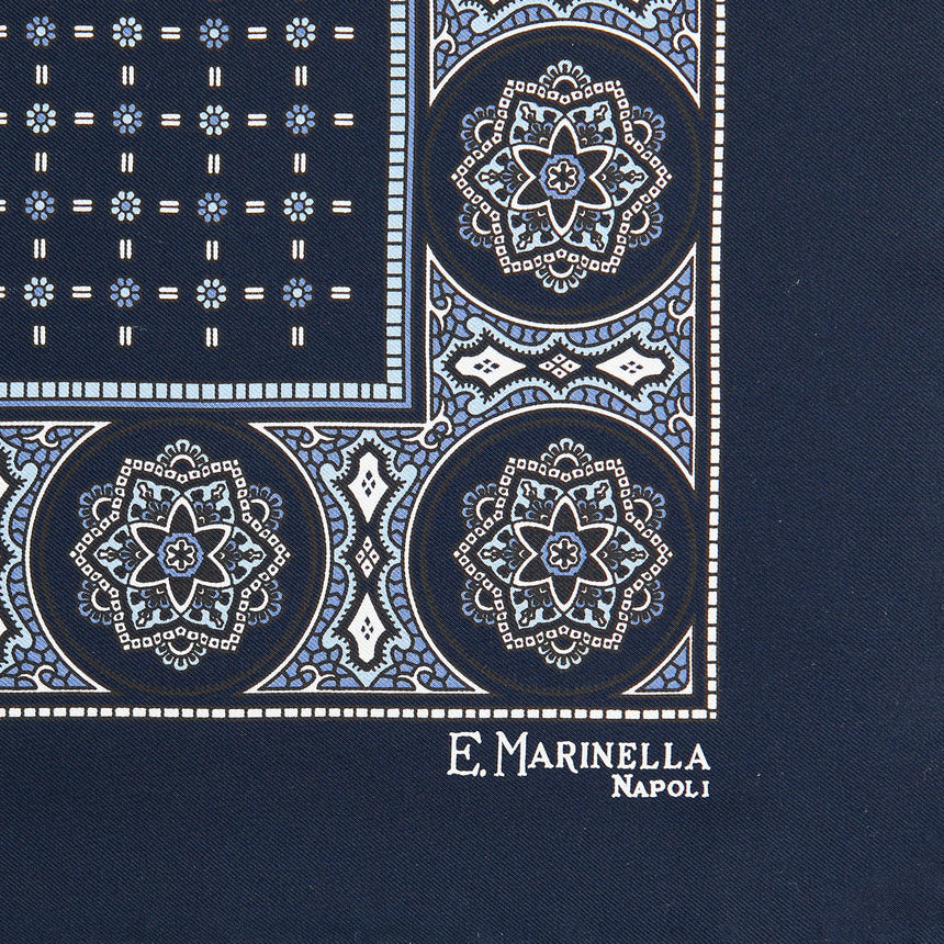 DARK BLUE HAND-PRINTED SILK POCKET SQUARE