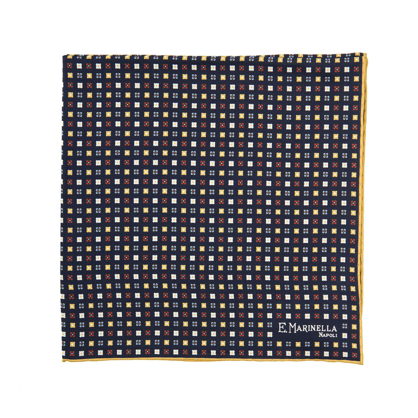 DARK BLUE HAND-PRINTED SILK POCKET SQUARE