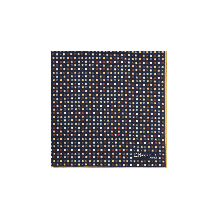 DARK BLUE HAND-PRINTED SILK POCKET SQUARE