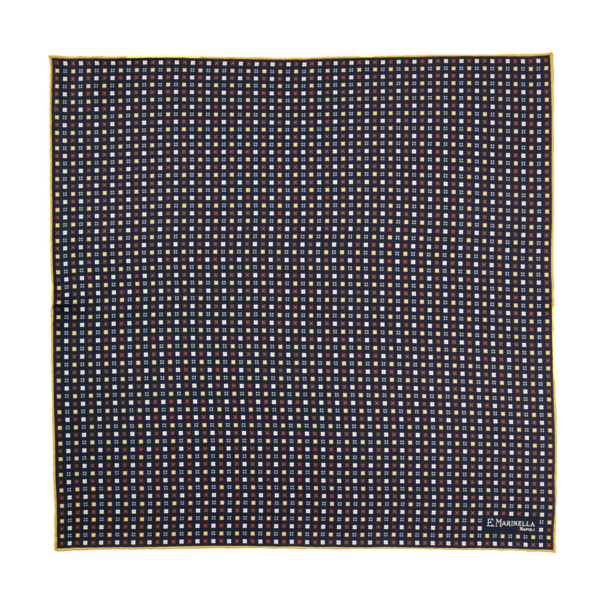 DARK BLUE HAND-PRINTED SILK POCKET SQUARE