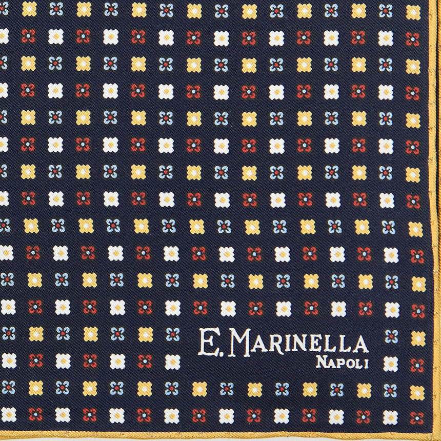 DARK BLUE HAND-PRINTED SILK POCKET SQUARE