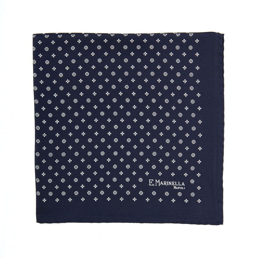 DARK BLUE HAND-PRINTED SILK POCKET SQUARE